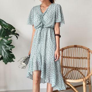 Shirred-front Polka-dot Dip-back Dress