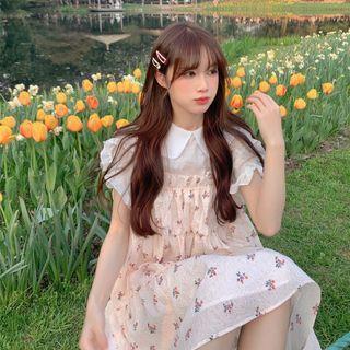 Short-sleeve Ruffled Blouse / Floral Print Midi Overall Dress