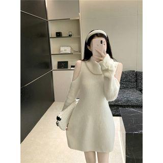 Cold-shoulder Turtleneck Mini A-line Sweater Dress White - One Size