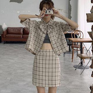 Set: Short-sleeve Plaid Shirt + Mini Plaid A-line Skirt