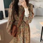 Puff-sleeve Floral Print Midi Dress Floral Print - Brown - One Size