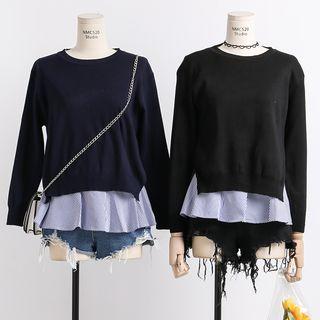 Set: Ruffled-hem Striped Long Tank Top + Slited Knit Top