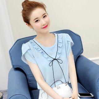 Bow Accent Frill Trim Short Sleeve Chiffon Top