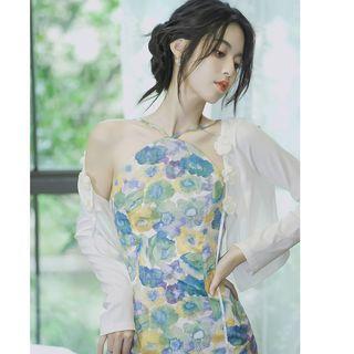 Halter Floral Midi Sheath Dress / Light Jacket / Set