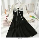 Patchwork Lace-panel Colorblock Midi Dress Black - One Size