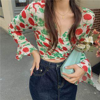 Bell-sleeve V-neck Rose Print Slim-fit Top As Figure - One Size