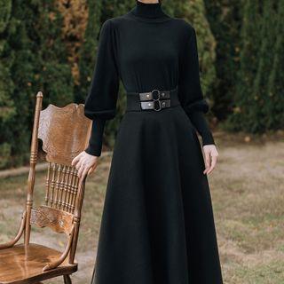 Set: Puff-sleeve Mock-neck Knit Top + Midi Skirt