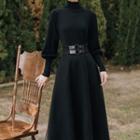 Set: Puff-sleeve Mock-neck Knit Top + Midi Skirt