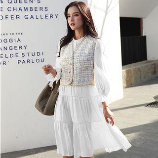 Long-sleeve A-line Dress / Tweed Vest / Set
