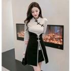 Long-sleeve Two Tone Frog Buttoned A-line Qipao Dress