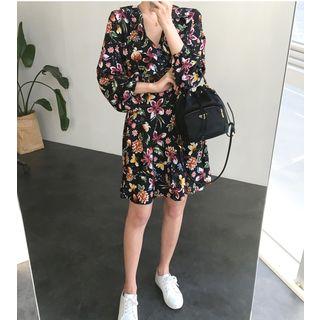 Floral Print Long-sleeve Ruffle A-line Dress