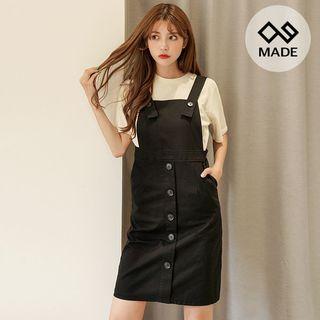 Button-detail Linen Blend Suspender Dress