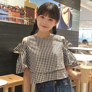 Open Shoulder Plaid Short-sleeve Top