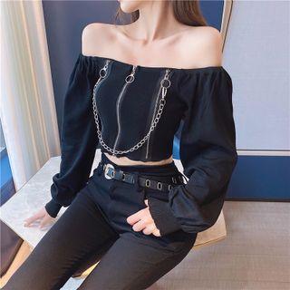 Off Shoulder Plain Zip Cropped Top