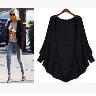 Dolman-sleeve Open-front Loose-fit Plain Cardigan