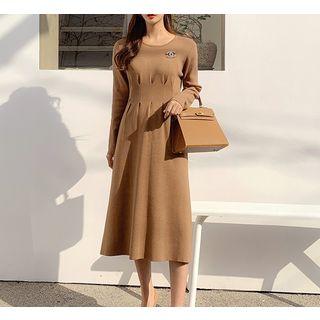 Long-sleeve Plain Knit Dress Khaki - One Size