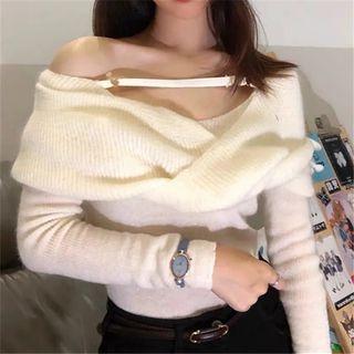 Off-shoulder Long Sleeve Plain Slim-fit Sweater