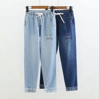 Cat Face Embroidered Drawstring Jeans