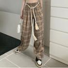 Plaid High Waist Wide Leg Pants With Rope - Plaid - Khaki - One Size