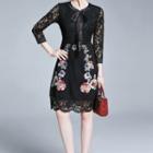 Flower Embroidered Lace Panel Long-sleeve A-line Dress