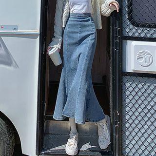 Denim Split Fishtail Skirt