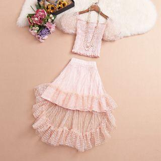 Mesh Panel Smocked Blouse + Skirt