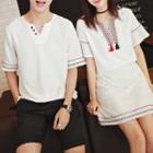 Couple Matching Embroidered Split Neck Short Sleeve T-shirt / + A-line Skirt