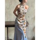Halter-neck Asymmetrical Floral Print Paneled Midi A-line Dress