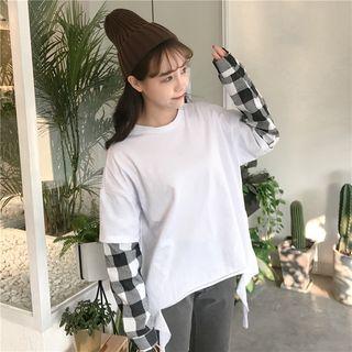 Gingham Mock Two-piece Long-sleeve T-shirt