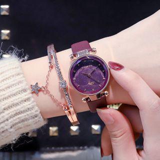 Set: Round Strap Watch + Rhinestone Bangle