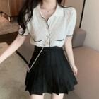 Short-sleeve Knit Top / Pleated Mini A-line Skirt