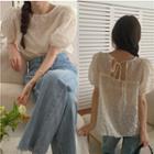 Short-sleeve Heart Embroidered Blouse Beige - One Size
