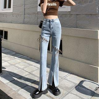 High Waist Lace-up Slit-hem Bootcut Jeans (various Designs)