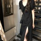 Short-sleeve Plain Slit Midi A-line Dress Black - One Size