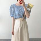 Floral Print Short-sleeve Blouse / A-line Midi Skirt / Set