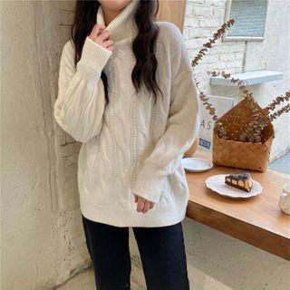 High-neck Plain Cable-knit Knit Sweater
