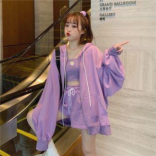 Zip Hoodie / Flower Embroidered Cropped Camisole Top / Shorts