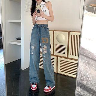 High Waist Letter Applique Distressed Wide Leg Jeans (various Designs)