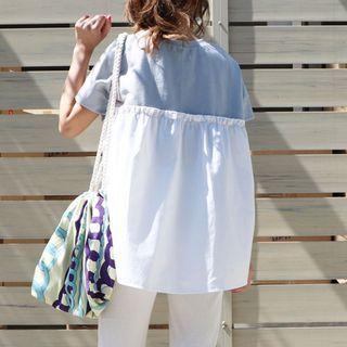 Short-sleeve Paneled Shirt Light Blue - One Size