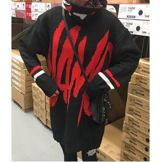 Lettering High Neck Long Sweater