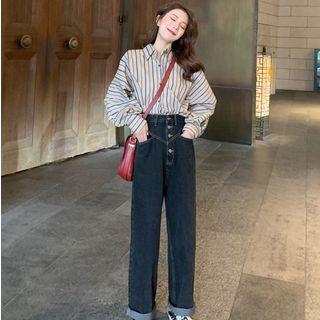 Balloon-sleeve Striped Shirt / Straight-cut Jeans