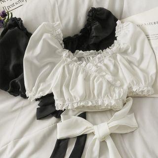 Tie-waist Ruffled-trim Wrapped Crop Top
