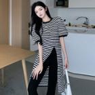 Short-sleeve Striped Side-slit T-shirt Dress Dress - One Size