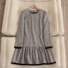 Velvet Trim Plaid A-line Dress Gray - One Size