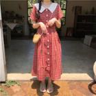 Plaid Short-sleeve A-line Shirt Dress Gingham - Red - One Size