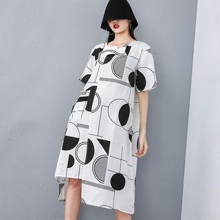 Short-sleeve Asymmetric Print Shift Dress