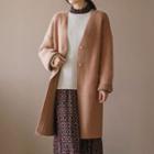 Snap-button Wool Blend Long Cardigan