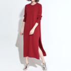 Plain Side Slit Long Sleeve Midi Knit Dress