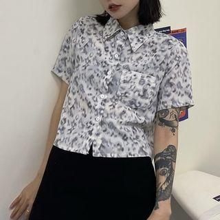 Short-sleeve Leopard Print Shirt Leopard - Gray & White - One Size