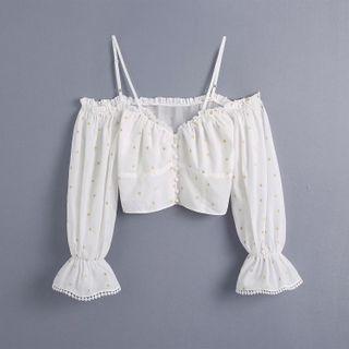 Bell-sleeve Cold-shoulder Embroidered Blouse